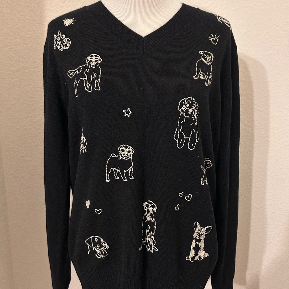 Johnny Was Black V-Neck Pullover with White Dog Embroidery